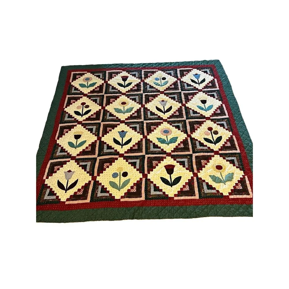 Pristine Vtg 1970s Handmade Tulip Log Cabin Quilt Hand Tied Full/Queen 80x80